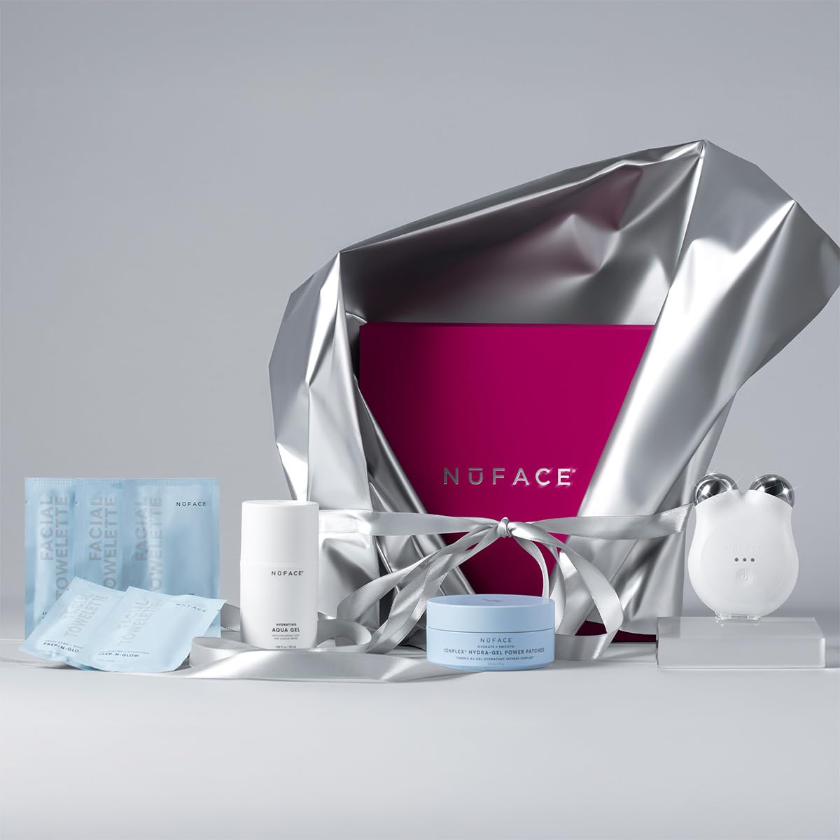 NuFACE MINI+ Microcurrent Facial Device Ultimate Uplift Holiday Kit - Brilliant White Face Sculpting & Contouring Device with Aqua Gel, Power Patches, Prep-N-Glow Skin Care Wipes & Luxe Gift Box