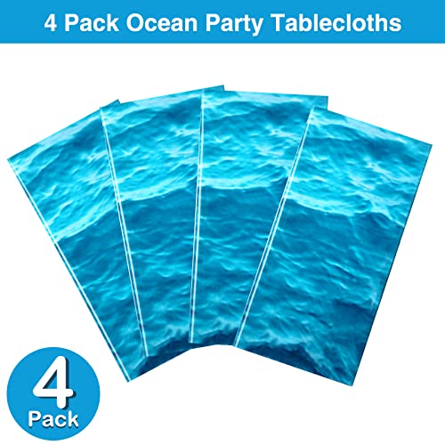 Image of Irenare 4 Pieces Ocean Plastic Tablecloth 54 x 108 Inch Blue | Water Waves Print, Disposable Table Cover for Under the Sea Theme Decoration Beach Pool Party, Birthday Baby Shower Supplies