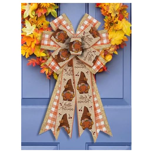 Large Fall Bow for Wreath, Burlap Orange White Buffalo Plaid Wreath for Autumn Décor Gnome Autumn Bow for Front Door Indoor Outdoor Wall Tree Topper Decoration Supplies Thanksgiving Ornament