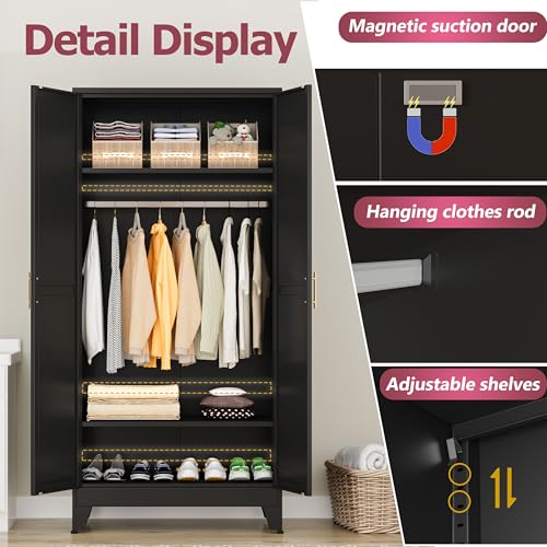 Image of GAIOUS Metal Wardrobe Cabinet with Hanging Rod, Clothing Storage Cabinets