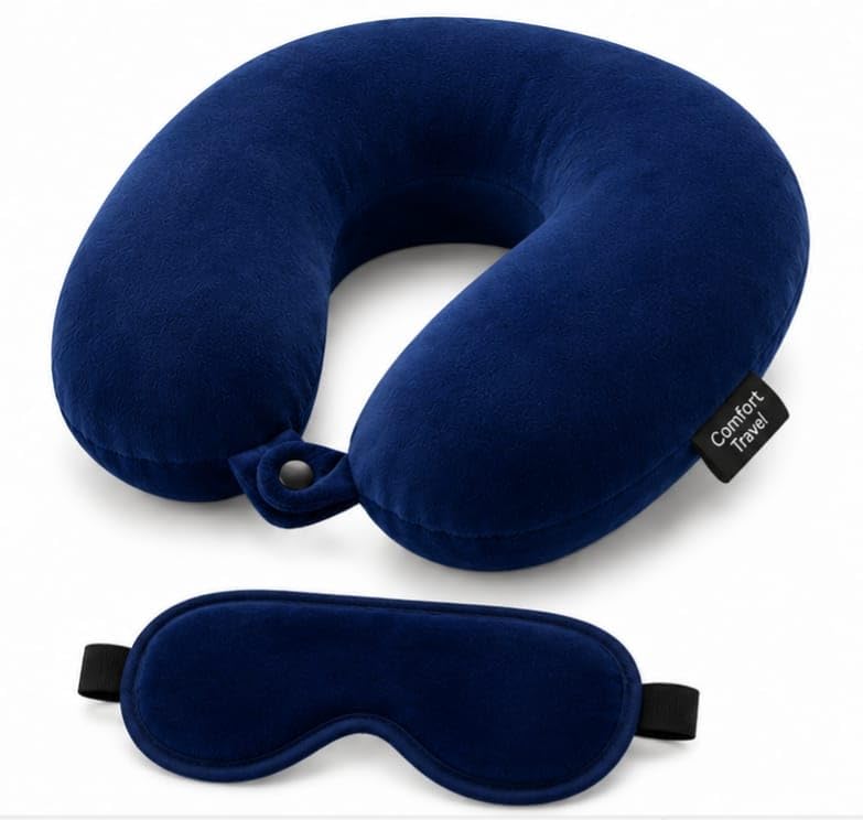 U-Shaped Travel Neck Pillow with Eye Mask, Brown (Blue) | Includes Eye Mask, Snap Fastener Closure, Soft Outer Fabric, Stress Relief, Versatile Use-image-42