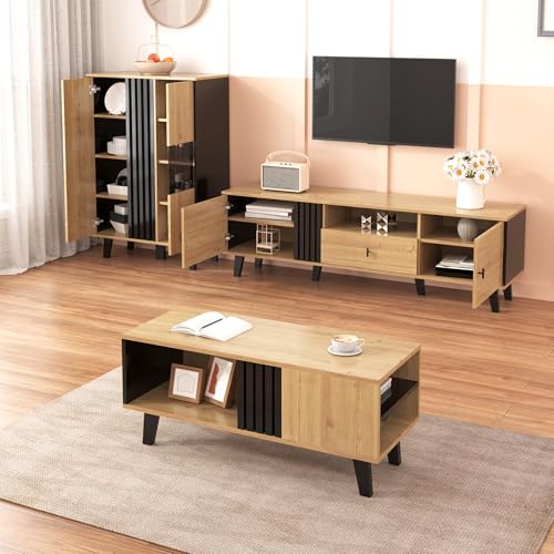 Goldicoo Ensemble de meubles de salon 3 pièces, table basse, meuble TV, buffet, bois noir et verre, avec éclairage LED, moderne, beaucoup d'espace de...