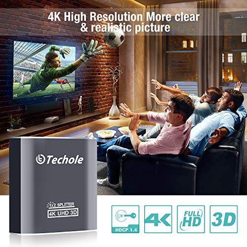 HDMI Splitter 1 in 2 Out - Techole 4K Aluminum Ver1.4 HDCP, Powered HDMI Splitter Supports 3D 4K@30HZ Full HD1080P for Xbox PS4 PS3 Fire Stick Roku Blu-Ray Player Apple TV HDTV - Cable Included, Grey - Thumbnail 3