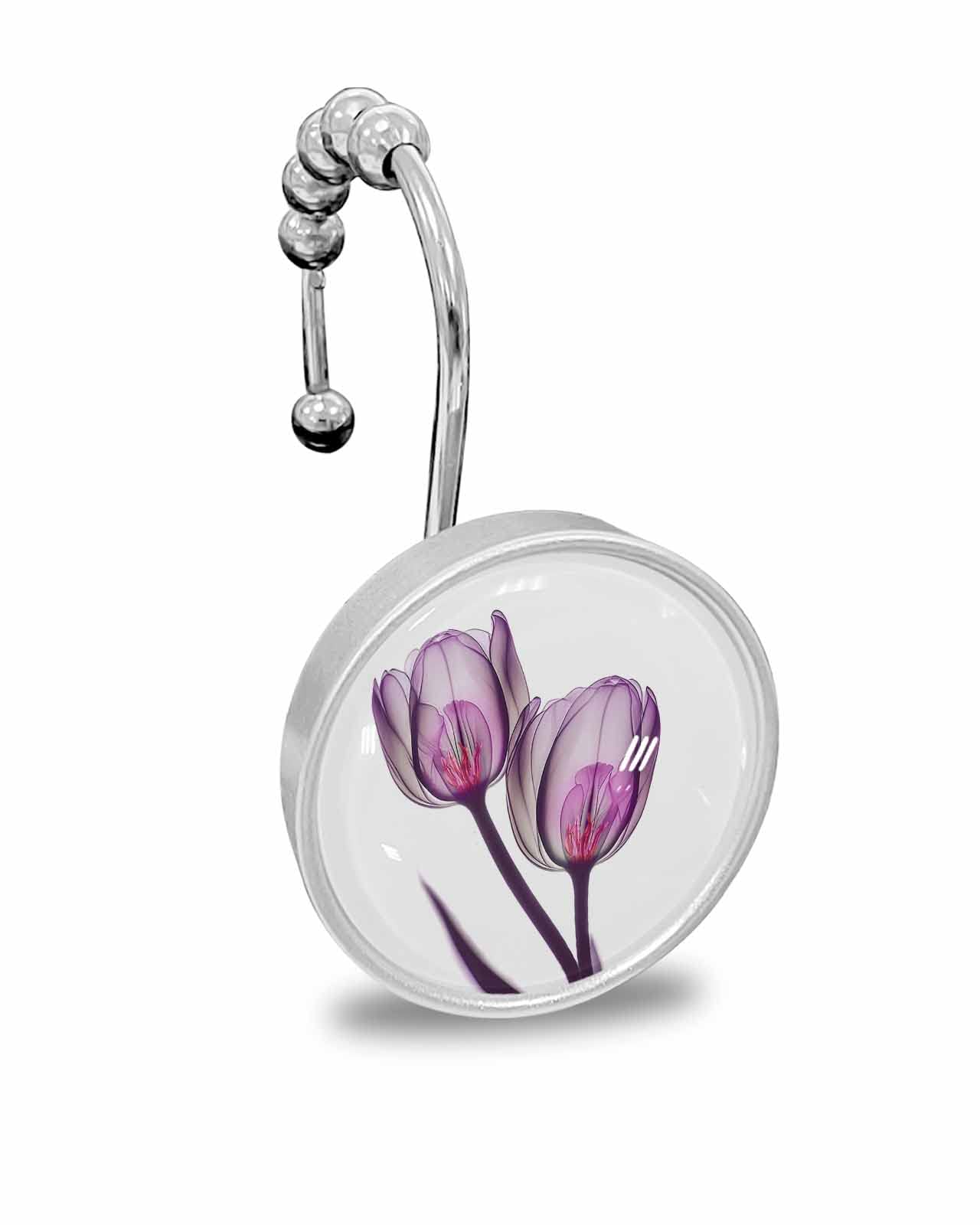 Shower Curtain Hooks for Bathroom, Abstract Transparent Purple Flower Tulip Stainless Steel Rust-Proof Shower Hooks Round Crystal Glass Shower Curtain Rings for Bathroom - Set of 12