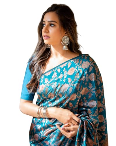 Image of Jaanvi fashion Women's Kanchipuram Silk Sarees With Zari & Blouse Piece (elora-teal-blue)