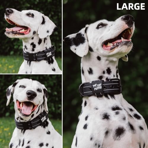 Image of Tuff Pupper Heavy Duty Tactical Dog Collar | 1.5 inch Wide Ballistic Nylon | Reflective Stitching | Integrated ID Tag Holder | Stainless Steel Buckle | Padded Lining | Medium & Large Dogs (Black, Large)