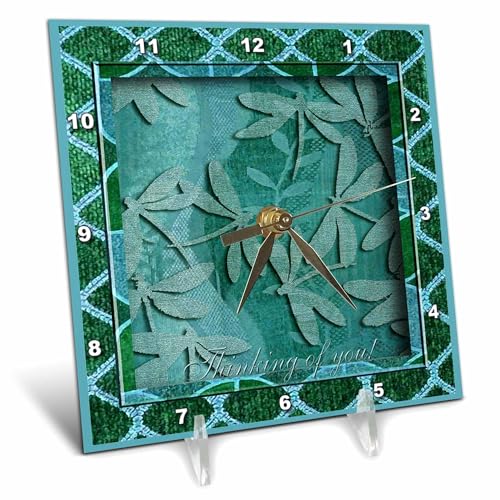 3dRose dc_18905_1 Desk Clock, Green Dragonflies Thinking of You, 6 by 6-Inch