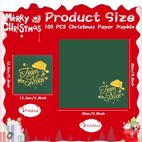 Faccito 100 Pcs Christmas Team Naughty Nice Paper Napkin Disposable Nativity Gold Foil Santa Hat Napkin Red Green Guest Cocktail Paper for Xmas New Year Holiday Party Decor (10 x 10 Inch) – Image 3