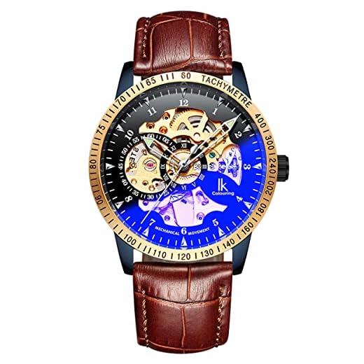 Alienwork IK Reloj Automático Hombre Mujer Azul Pulsera de Cuero Marrón Negro Esqueleto
