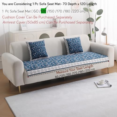 Image of HOKIPO 'LiefNest' Holland Velvet Sofa Cover Mat with Foam Filling for 1 /2 /3 Seater & L-Shape Sofa. Make Your Own Sofa Cover Set, Mat Size: 120(L) cm, Geometric Floral Oriental Blue (IN-822-D4)