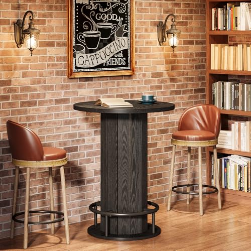 Image of Tribesigns Round Dining Table, Bar Height Commercial Kitchen Table with Wood Strip Base and Footrest, for Dining Room, Restaurant, Cafe, Bakery, Pub, Apartment, Black (Only Table)