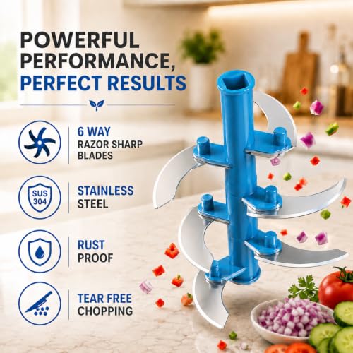 Image of PRINGLE 1000ml Manual Push Chopper for Vegetables & Fruits | 6 Sharp Stainless Steel Blades | Hand Press Onion Cutter with Twist Lock | Egg Beater Whisk Included | Multipurpose Food Chopper | Blue