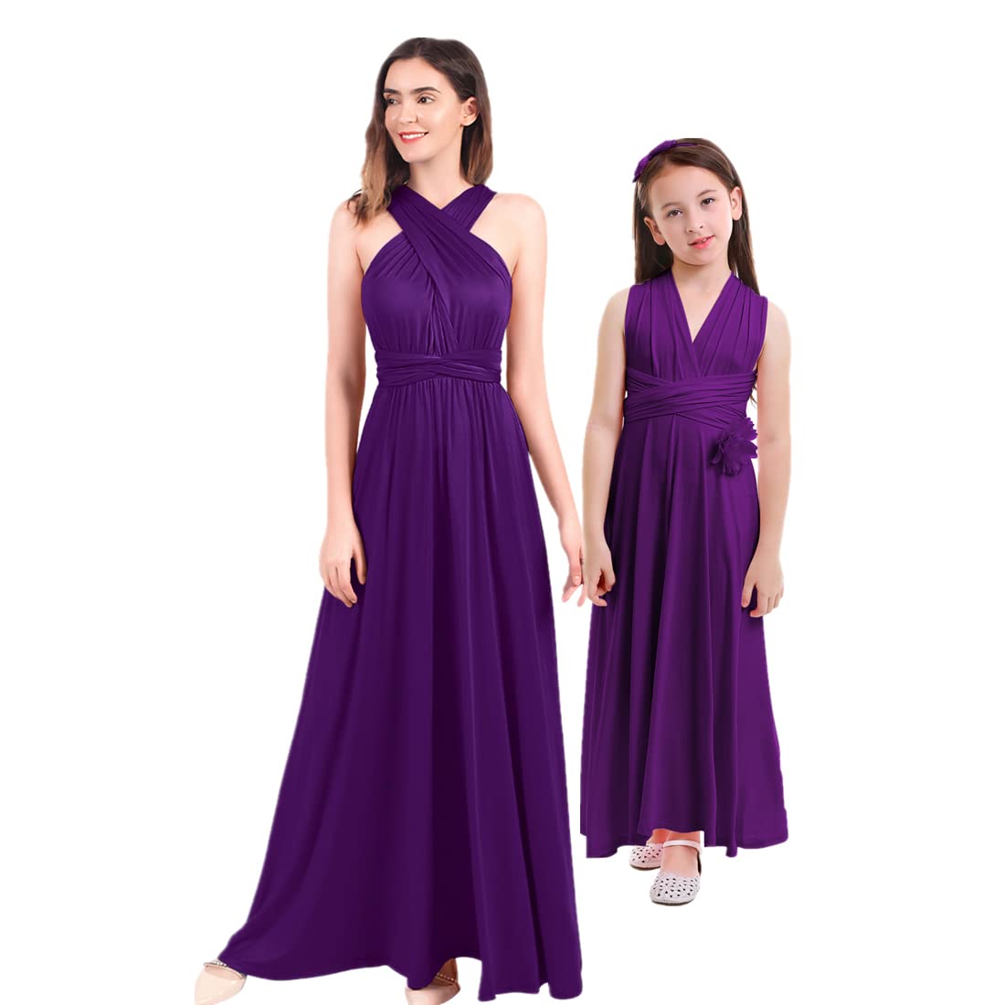 Mommy and Me Matching Maxi Dresses Family Outfits Mommy and Daughter Matching Dresses Women Infinity Dresses for Bridesmaids Wedding Guest Dresses Convertible Multi Way Twist Wrap Dress Dark Purple M