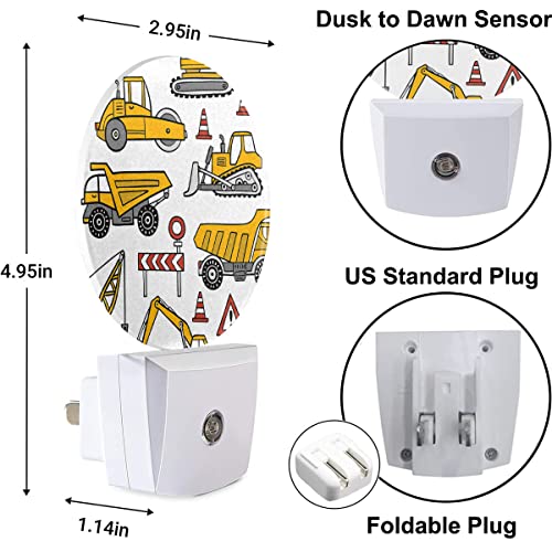 Image of Yellow Cars Night Lights Plug into Wall Building Machine Road Truck 0.5W LED Lighting Auto on /Off for Boys Men Bedroom Bathroom Decorative Night Light