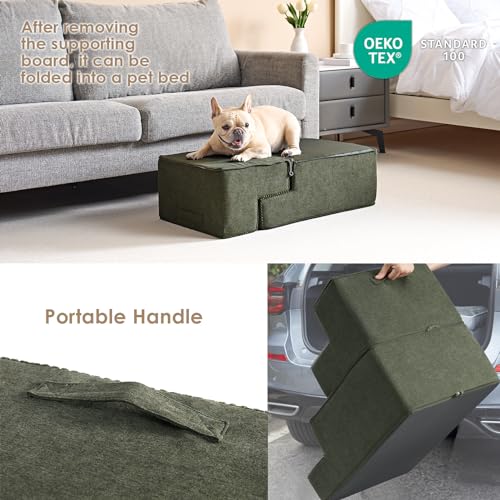 Image of EHEYCIGA Dog Stairs for Bed 18 inch H, 4-Step Dog Steps for High Bed, Pet Steps for Small Dogs and Cats, Non-Slip Balanced Pet Ramp Indoor, Military Green