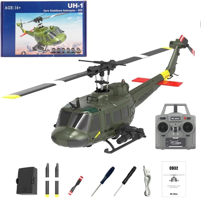 Helidirect RC ERA C032 Huey UH1 6CH Gyro Stabilized RC Aircraft with Altitude Hold & Optical Sensor, 3D RC Helicopter RTF for Beginners, Adults Upgraded Transmitter (Yellow W/o Weapons (ERA-C032-Y))