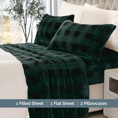 Elegant Comfort Luxuriously Soft 4-Piece Velvet Plush Flannel Sheet Set - Premium Quality - Cozy Warm, Anti-Static, Non Pilling Fuzzy Velvet Flannel Fleece Deep Pocket Sheet Set - Full, Buffalo Green