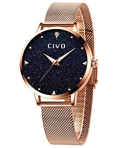 Preisvergleich Produktbild CIVO Damen Uhr Frauen Roségold Edelstahl Wasserdicht Armbanduhr Mädchen Jugendliche Einfach Lässige Modish Analoge Uhren (Roségold / Schwarz)