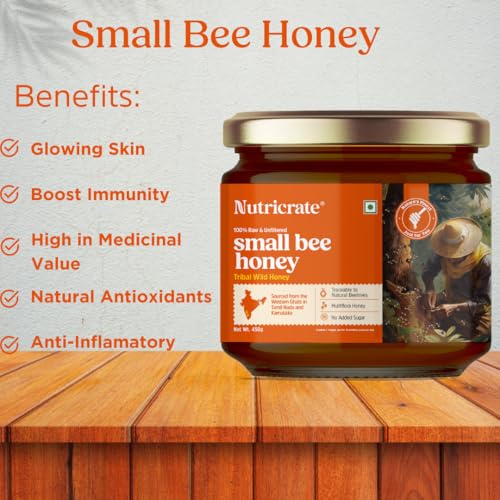 Image of Nutricrate Small Bee Honey (900g) Pure and Natural | No Sugar Adulteration | Kombu /Stingless Bees Raw Honey from Jungles of Western Ghats (Pack of 2-450g x 2)