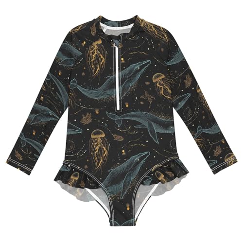 ALAZA Whale Jellyfish Fish Black Girls One Piece Swimsuit Long Sleeve Rash Guard Swimsuits UV 50+ Swimwear Zipper - Main Image