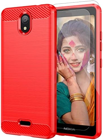 for Nokia C100 Case with Screen Protector [2 Packs],Nokia C100 Phone Case Brushed Flexible TPU Carbon Fiber Non-Slip Shock-Absorption Military Grade Drop Protection Slim Fit Case for Nokia C100 -RED