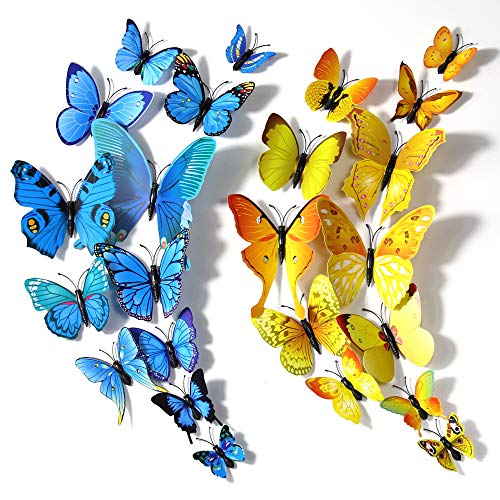 24PCS Butterfly Wall Stickers Decor 3D Colorful Butterfly Wall Decals Decor for Kids Girls Bedroom Living Room Aesthetic Wall Decorations Accessories Removable Mural Decals(Blue Yellow)