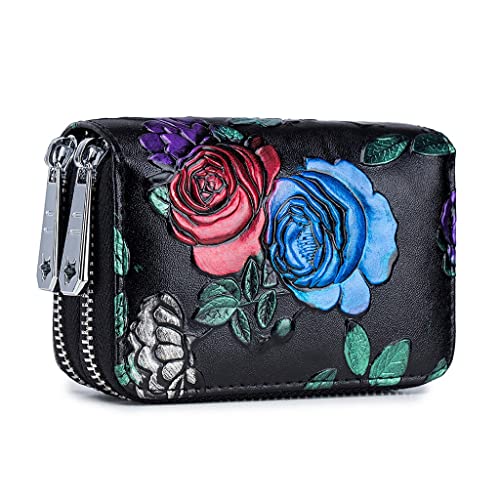 RFID Women Card Holder Split Leather Zipper Case Large Capacity 3D Flower Printed Lady Wallets Purse(C)