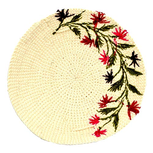 Cream & Red Floral Crochet & Embroidered Womans Kippah - Ladies Yarmulke2