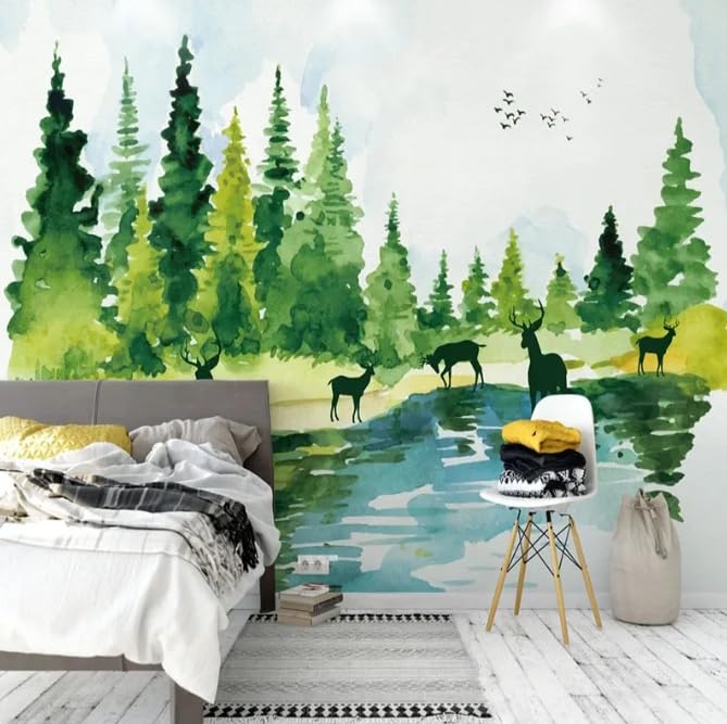 Papier peint aquarelle Elk forêt paysage pour mur TV de salon
