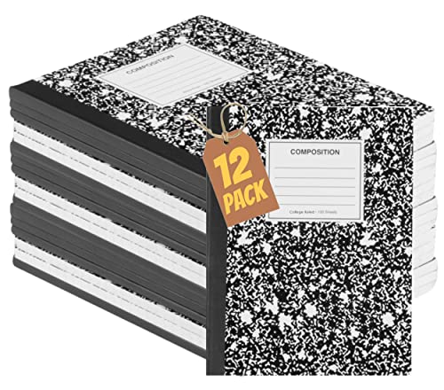 1InTheOffice College liniertes Kompositions-Notizbuch, 9,75 x 7,5, Papierkompositions-Notizbuch, schwarzer Marmoreinband, 100 Blatt, (12/Pack) Cover