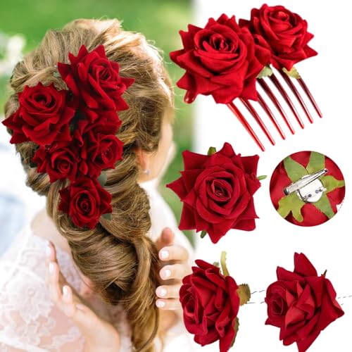 Set de 4 broches de pelo flor rosa roja miniatura 6