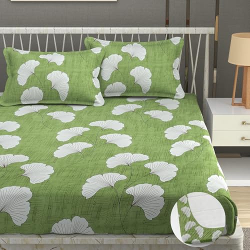 Image of Premium Heavy Cotton Elastic Fitted Bedsheets with 2 King Size Pillow Covers | Double Bed with All Around Elastic 350 TC | 72 x 78 x 10 Inch King Size Fitted | :- Green Jhaad