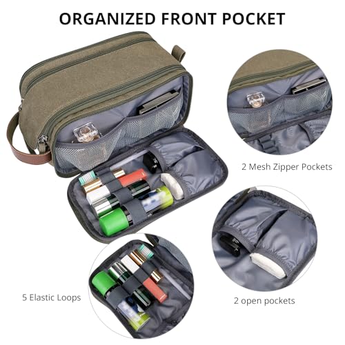 Image of WITZMAN Canvas Toiletry Bag for Men Large Capacity Hanging Dopp kit for Men Leather Toiletries Water-Resistant Bathroom Bag(A8002 Army Green)