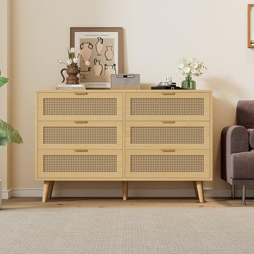 Merax Rattan Sideboard Kommode mit 6 Schubladen, Sideboard Holz...
