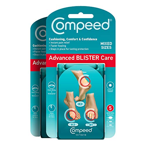 Compeed Advanced Blister Care Cushions 5 Count Mixed Sizes Pads (2 Packs), Heel Blister Patches, Blister on Foot, Blister Prevention & Treatment Help, Hydrocolloid Waterproof Bandages