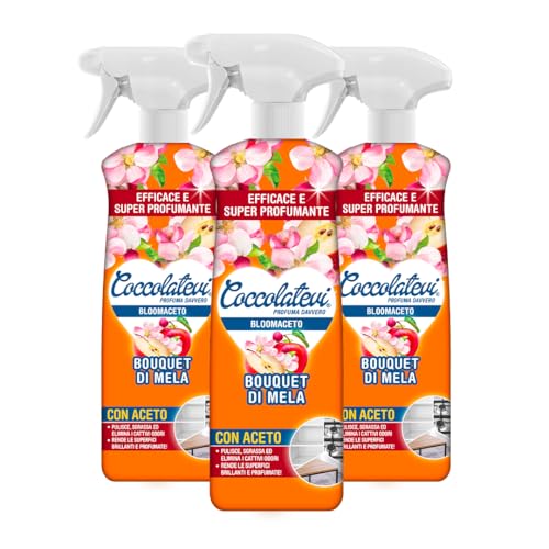 COCCOLATEVI BloomAceto Bouquet de Manzana, Pack de 3 x 750 ml, Detergente Antical natural con Vinagre, Limpiador Multiusos para Superficies Brillantes y sin Manchas