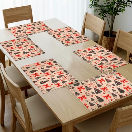 Image of Dining Table Mats Set of 6 - Christmas Tree Red Bow Theme,Digital Print, Washable, Indoor /Outdoor, Heat-Proof, Wipe & Clean (47X33 cm) Olive & Green