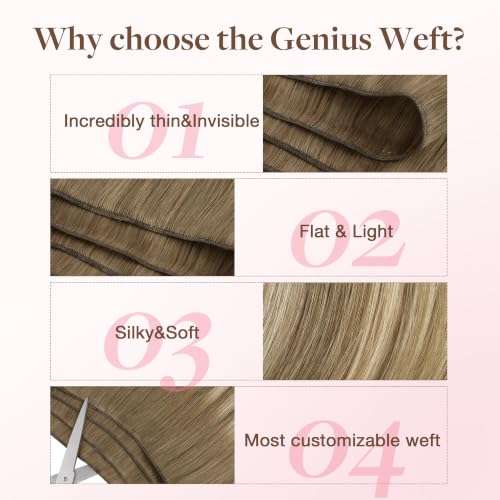 Image of GOO GOO Genius Weft Hair Extensions Human Hair, Sew In Extensions Rooted Remy Weft, #8E /61 /8E Caramel Latte Mocha with Ash Blonde Highlights 24 Inch 60g, Natural Hand Tied Straight Silky