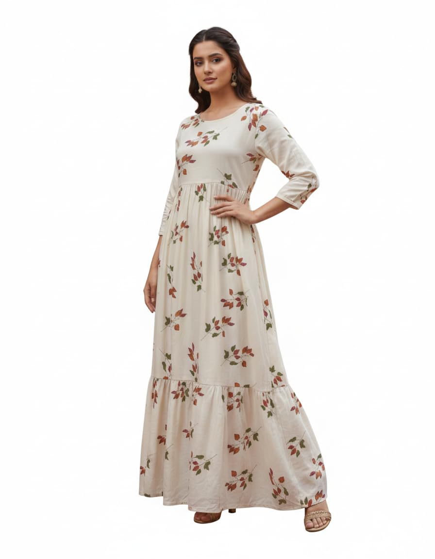 Women's Floral Print Cream Cotton Blend Maxi Dress Kurta - Tiered A-Line Long Gown with 3/4 Sleeves - Boho Ethnic Fusion Wear (Off-White)