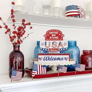 DECSPAS 4th of July Decorations for Home, Patriotic American Wooden Table Memorial Day Decor, Welcome USA Sign of Red White and Blue Fourth of July Independence Day Decor for Tabletop, Mantel, Shelf DECSPAS 4th of July Decorations for Home Patriotic American Wooden Table Memorial Day Decor Welcome USA Sign of Red White and Blue Fourth of July Independence Day Decor for Tabletop Mantel Shelf