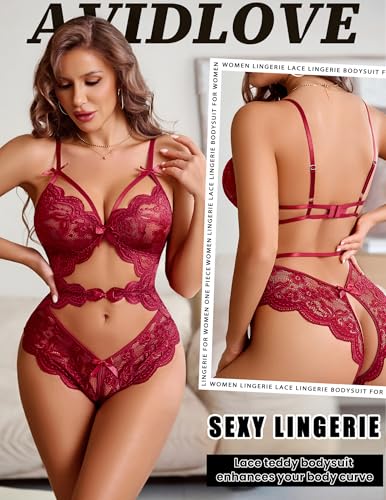Avidlove Lingerie for Women Sexy Lace Teddy Cut Out One Piece Bodysuit Lingerie Mini Babydoll Wine Red — view 3