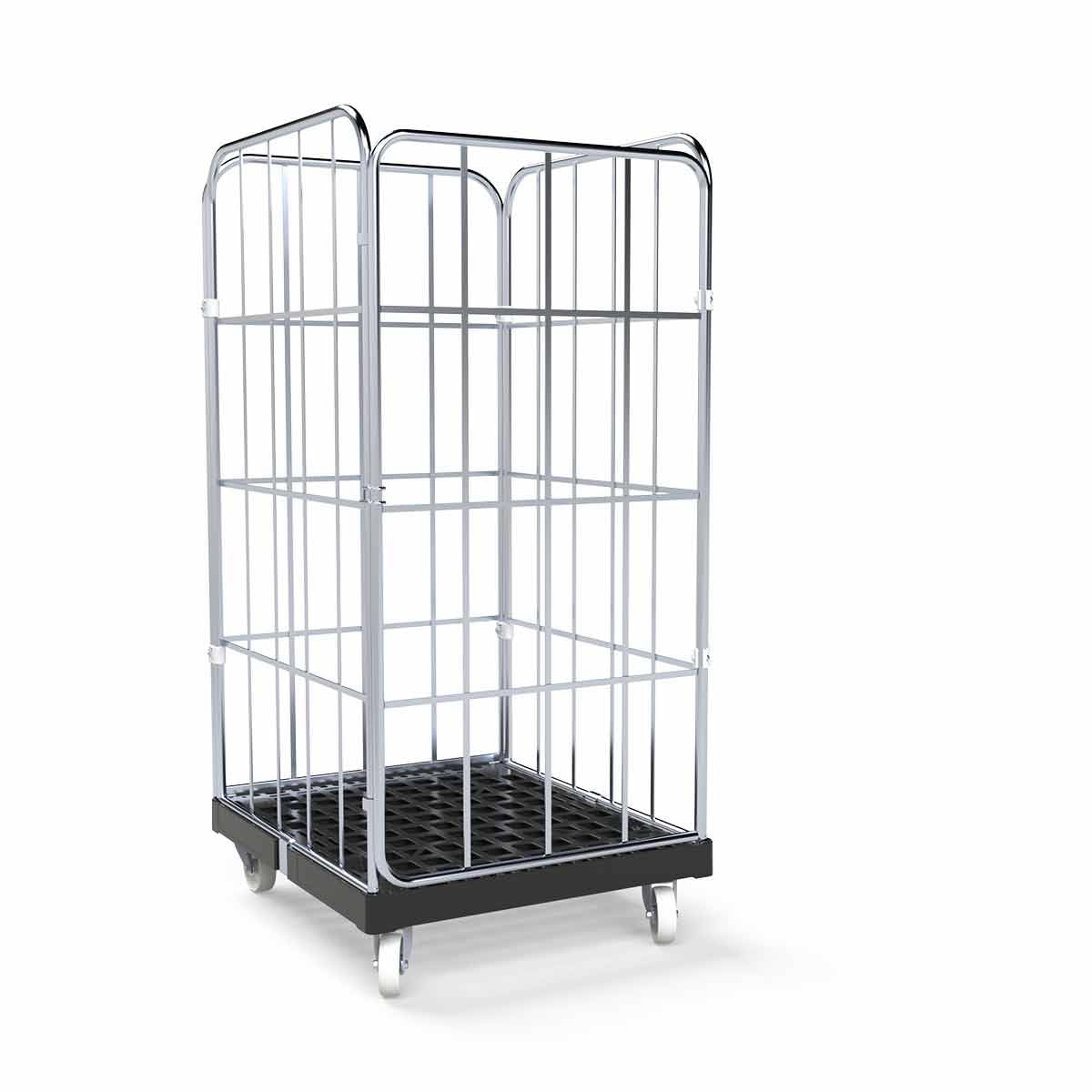 Bac à roulettes 1350 mm de hauteur utile (charge 500 kg), panneau plastique noir, 4 côtés, dimensions 724 x 815 x 1530 mm - Chariot grillagé robuste type Cr3 galvanisé pour garage, entrepôt