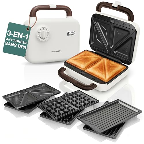 LEBENLANG Appareil a Croque Monsieur 3 en 1-750 W Avec 3 accessoires pour Grillades, Sandwichs & Gaufres I Appareil à Gauffre Croquemonsieur Machine panini...