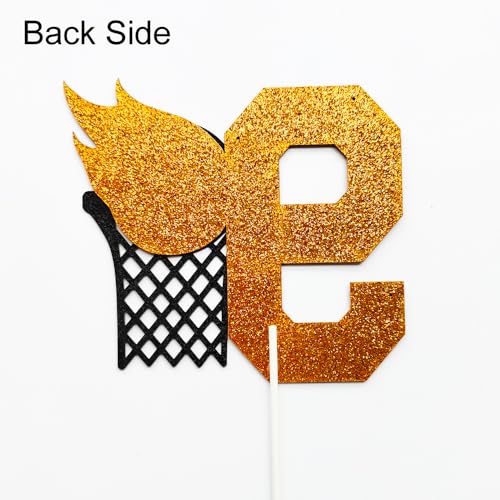 L.Clover RC-001 2 Sides Basketball Fire Cake Topper For 9 Years Old Boy'S/Girl'S Party Supply. Glitter Gold & Black 9Th Birthday Cord Net, Fire Ball, Backboard Cake Decoration thumb #2