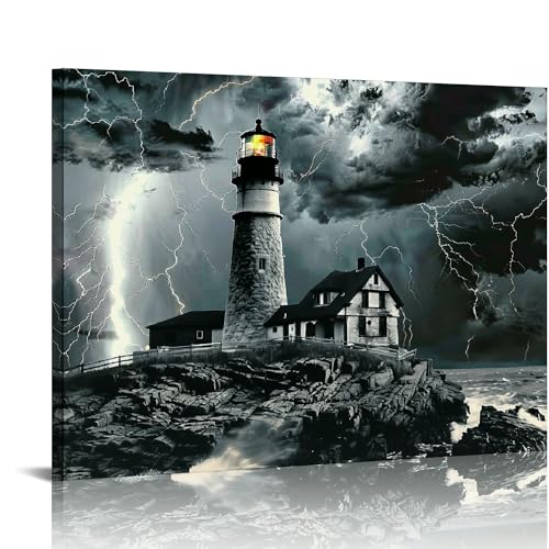 DPOTLI Black and White Lightning Canvas Wall Art Lighthouse Pictures