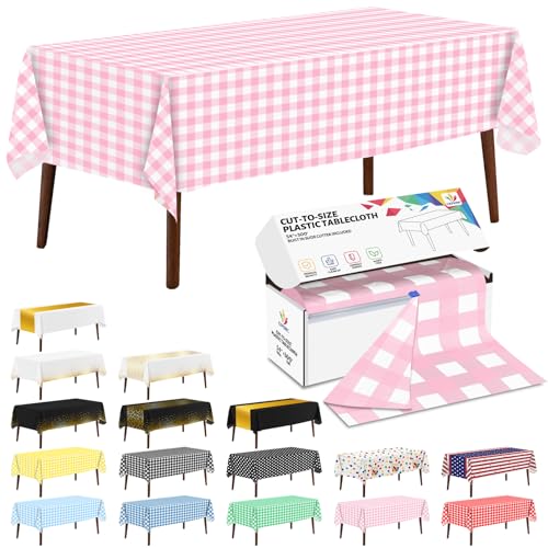 CXPSINC 54 Inch X 300 Feet Plastic Table Cover Roll Disposable Tablecloth with Slide Cutter for All Type/Shape Tables | Party, Banquet, Birthdays, Weddings(Pink Checkered, 300 Feet)