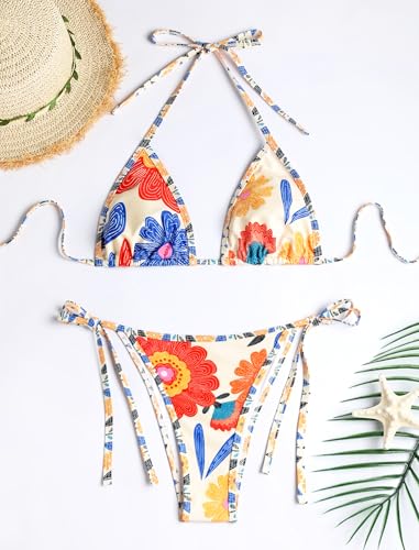 Image of ZAFUL Womens Printed Triangle Bikinis 2 Piece Halter Bikini Sets High Cut Bathing Suit Side Tie Swimsuits