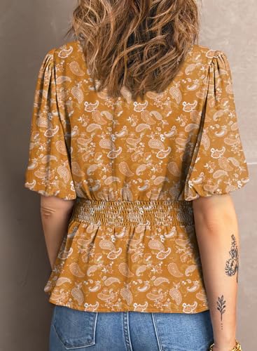 Dokotoo Womens Floral Print Ruffle Half Sleeve Blouses V Neck Decorative Buttons Elastic Waist Casual Summer Tops2