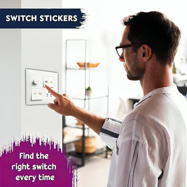 Image of Switch Board Stickers for Home and Office - 41 Pattern 600 Pcs Self Adhesive, Modern Electric White Switch Board Covers, Transparent Stickers for Switches, Lightbulb, Fan, AC, Stickers