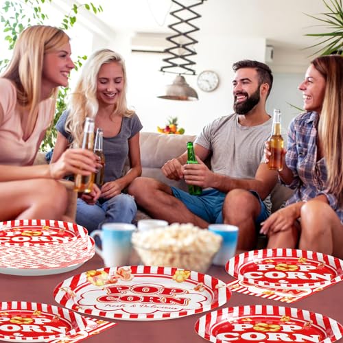 Image of Grencian 96Pcs Popcorn Party Supplies for Movie Night Serves 24 | Popcorn Plates and Napkins Red and White Sets Picnic Decorations for Festive Movie Night Birthday BBQ Summer Party Favors